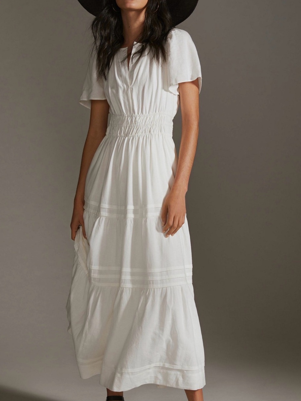 Anthropologie Somerset Linen Blend Maxi Dress White Smocked Size **Small/Med**